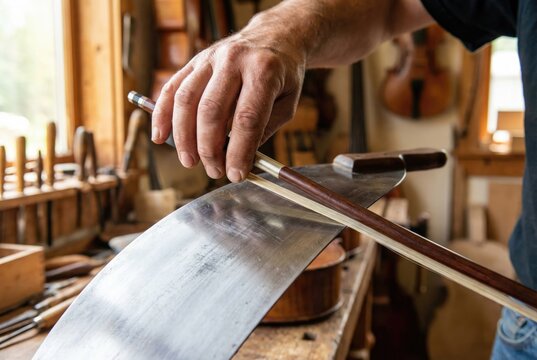 Musician hand rubbing block of rosin on horsehair violin bow in workshop
