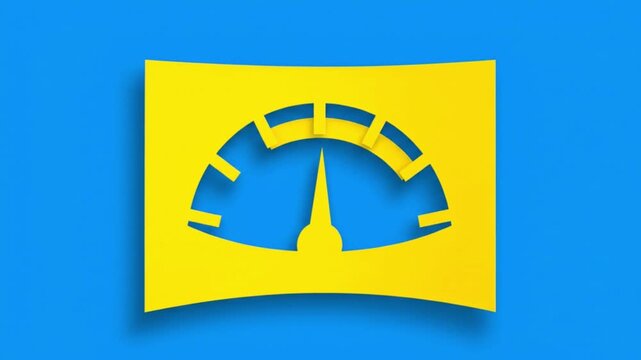 Yellow speedometer or gauge icon with a needle pointing upwards on a vibrant blue background, representing speed, performance, or measurement.