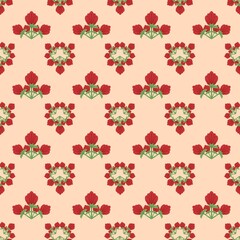 Seamless Indian Mughal floral motif pattern with red flowers and green leaves on a cream background. Traditional hand block print style for textile, wallpaper, and ethnic decor.