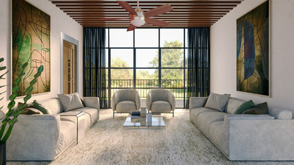 Fototapeta premium Large illustration 3D rendering luxury modern bright interiors Living room mockup with Couch and Ceiling Fan Ventilation
