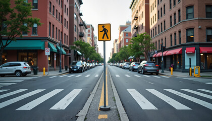 Obraz premium Busy street with pedestrian sign and city buildings 