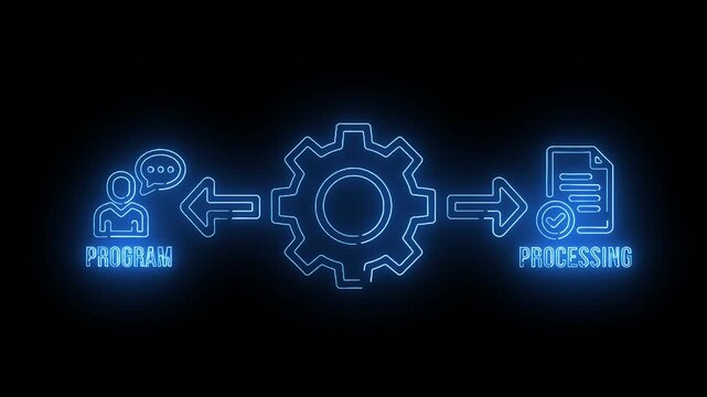 Neon-lit diagram illustrating a workflow process from planning through gear mechanism to processing on a black background with blue glowing lines.