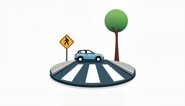 Illustration of a car near a pedestrian crossing with tree
