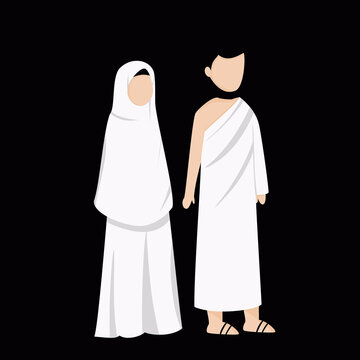 Pilgrims in ihram attire standing together representing hajj or umrah traditions