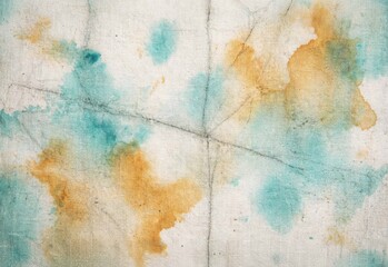Obraz premium Abstract watercolor stains on creased vintage paper texture in teal and orange