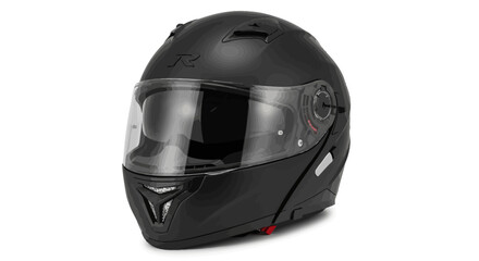 Fototapeta premium Sleek Matte Black Modular Motorcycle Helmet Offering Advanced Head Protection and Rider Safety for Modern Road Adventures