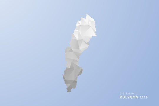 Sweden Map - polygon style vector illustration in gray, white and blue tone, low-poly geometric design, minimal silhouette, suitable for infographic and modern design.