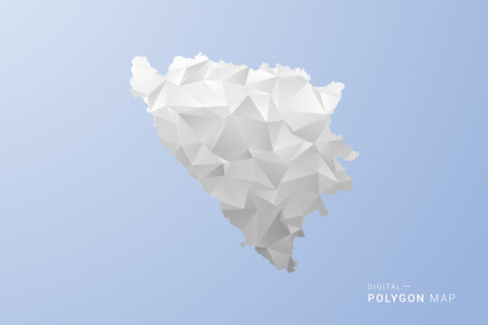 Bosnia and Herzegovina Map - polygon style vector illustration in gray, white and blue tone, low-poly geometric design, minimal silhouette, suitable for infographic and modern design.