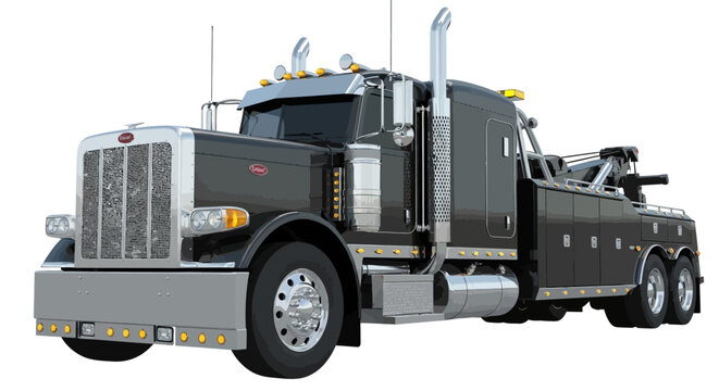 Black heavy-duty tow truck, also known as a wrecker, for professional vehicle recovery and emergency roadside assistance, isolated on white background