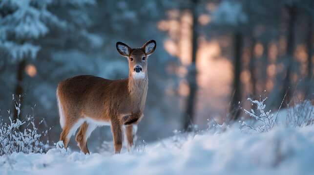 A deer stands in a snowy forest at sunset, surrounded by trees and winter scenery.