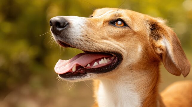 Joyful dog showcasing happiness in a sunny outdoor setting with vibrant nature in the background in a close-up shot