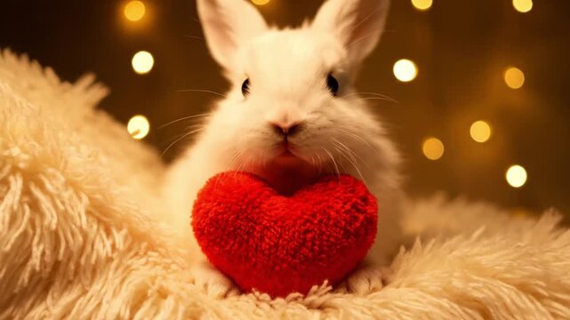White rabbit holding red heart toy.