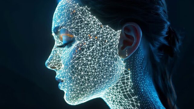 西洋人の女性20代のデータ粒子で構成された横顔AI、静かな思考