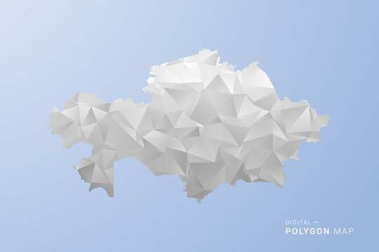 Kazakhstan Map - polygon style vector illustration in gray, white and blue tone, low-poly geometric design, minimal silhouette, suitable for infographic and modern design.