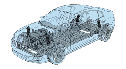 Transparent Car X-Ray Illustration Showing Engine, Chassis, Suspension and Interior Automotive Components © Sapumal