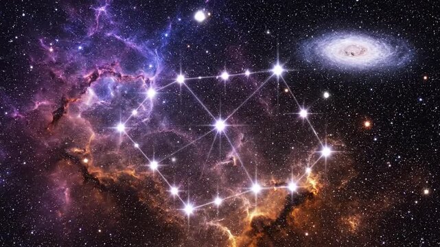 Bright stars forming geometric pattern in colorful space nebula