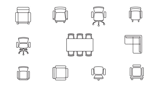 Top-View Office Chairs and Conference Table Floor Plan Icons &mdash; Furniture Layout and Workspace Seating