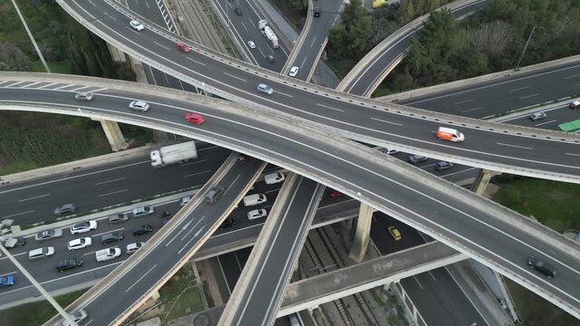 Cinematic Aerial Drone Shot of Highway Interchange with Traffic Flow
