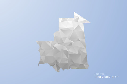 Mauritania Map - polygon style vector illustration in gray, white and blue tone, low-poly geometric design, minimal silhouette, suitable for infographic and modern design.