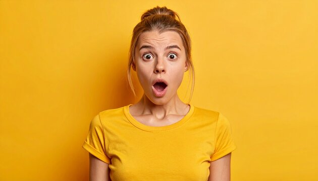 Shocked young woman with wide eyes and open mouth against a vibrant yellow background, conveying surprise and astonishment