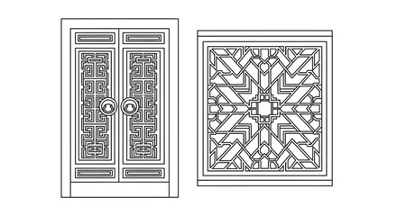 Traditional Asian style wooden door and window with intricate geometric patterns, a symbol of oriental architecture, on an isolated white background.