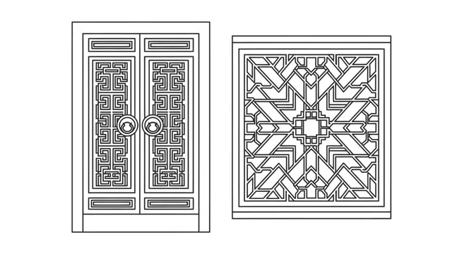 Traditional Asian style wooden door and window with intricate geometric patterns, a symbol of oriental architecture, on an isolated white background.