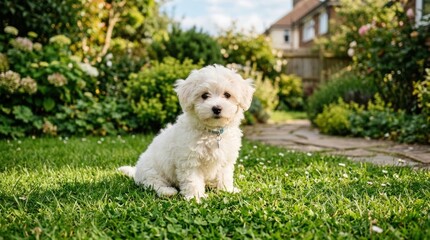 Small white dog sitting on grass.