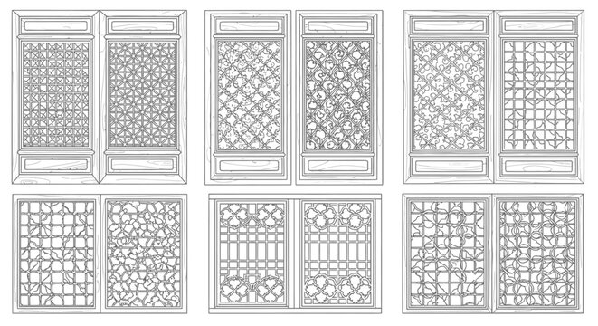 Set of Six Traditional Asian Decorative Window or Wall Panels with Distinct Intricate Geometric Lattice Designs, Isolated White Background