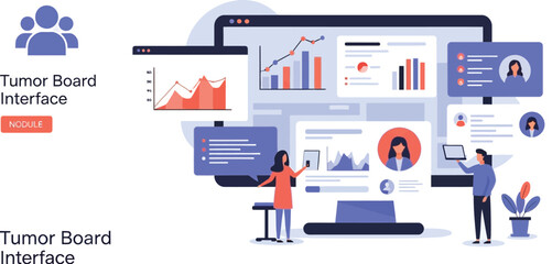 Two professionals analyze complex digital data visualizations showing charts and user profiles on large computer monitors.
