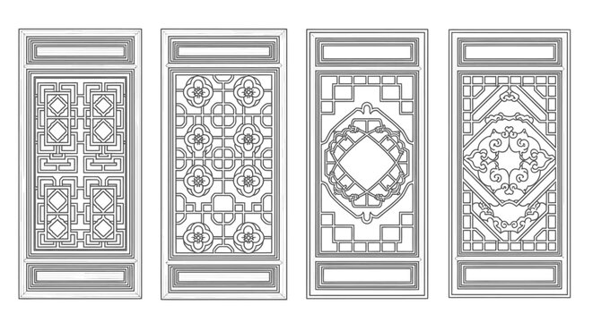 Intricate Traditional Asian Wooden Lattice Screen Panels Vector Set with Geometric and Floral Patterns, Isolated White Background