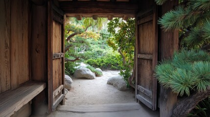 Obraz premium Tranquil garden view through wooden doors with lush greenery, rocks, and inviting pathway in serene outdoor setting