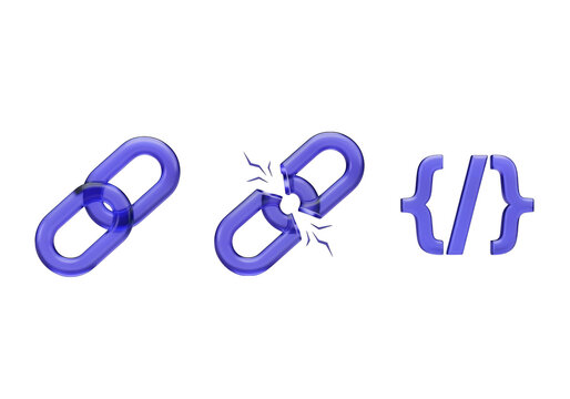Broken blue chain link and code bracket on black isolated on a transparent background
