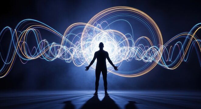 Silhouette Amidst Energetic Light Waves and Digital Aura