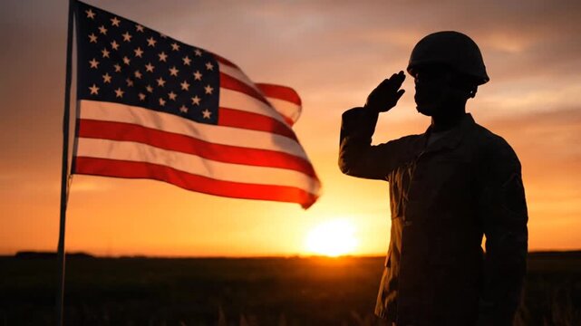 Silhouette of soldier saluting beside waving American flag at sunset