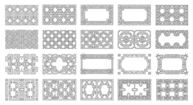 Diverse collection of traditional Asian decorative borders and rectangular frames, featuring intricate geometric and abstract patterns, presented on an isolated white background.