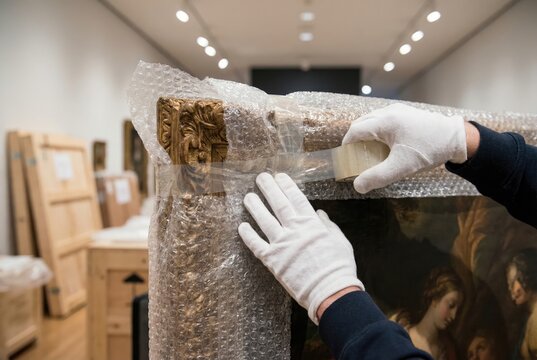 Art handler wearing white gloves wrapping a classical oil painting in bubble wrap