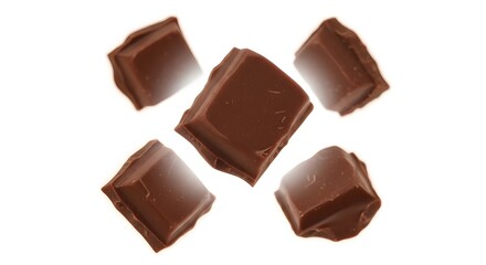 Floating cubes of milk chocolate pieces with motion blur effect isolated on white background for sweet snack design and confectionery advertisements