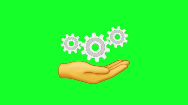 Animation of a hand holding three rotating gears on a green background