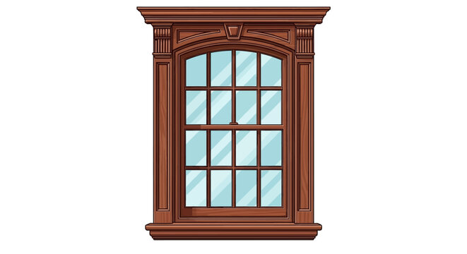 Elegant wooden window with arched top and mullioned glass panes.