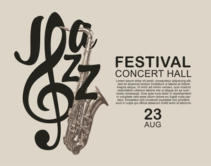Vector colored logo, or banner for a jazz music with a saxophone, treble clef and decorative lettering. Suitable for flyer, invitation, poster, cover, icon, design element, advertising. No ai © paseven