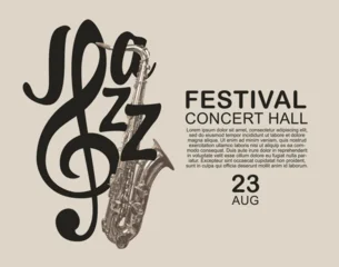 Vector colored logo, or banner for a jazz music with a saxophone, treble clef and decorative lettering. Suitable for flyer, invitation, poster, cover, icon, design element, advertising. No ai © paseven