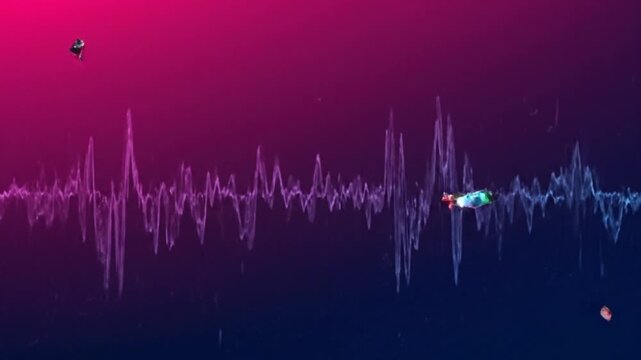 High tech glitch art animation showing colorful data shards breaking apart across dark pink to dark blue gradient Flickering neon blue green and red accents pixel fragmentation and digital noise waves