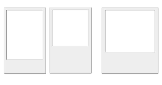 Three blank instant film photo frames in vertical and horizontal orientations for mockup