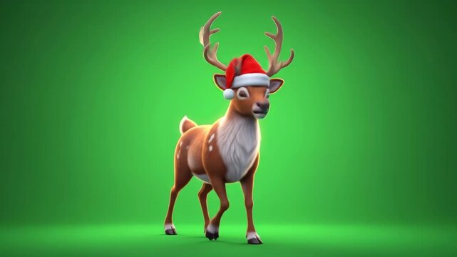 Festive Reindeer in Santa Hat on Green Screen for Christmas Holiday Celebrations.