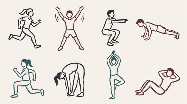 A set of quick, simple, and loose hand-drawn doodle vector illustrations depicting various exercises and fitness activities in a minimalist style