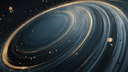 Swirling golden particles create dynamic abstract rings against a deep midnight blue background