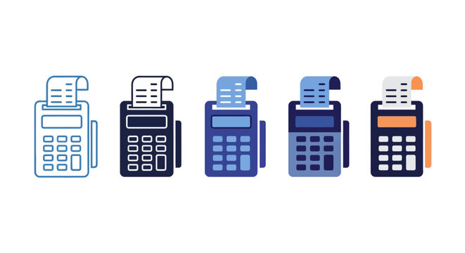 Diverse vector illustrations of modern point of sale terminals with receipts, symbolizing retail transactions, digital payments, and financial technology in commerce settings