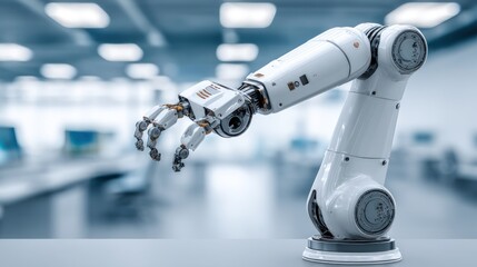 Advanced robotic arm operating in a modern industrial research laboratory, representing automation, future technology, and AI innovation.