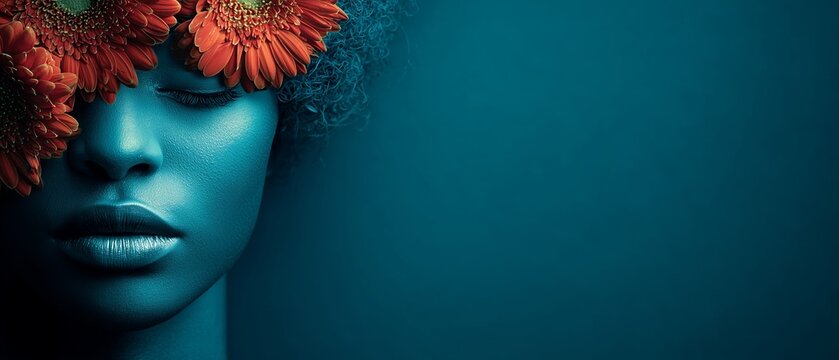 A woman's face is shown in blue tones with bright orange flowers covering her eyes. The artistic portrait has a teal background and creative theme.