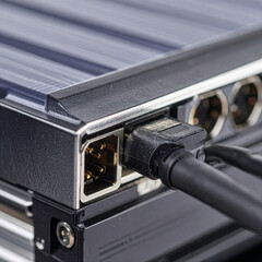 Close-up of a modern solar power inverter with connected cables and digital display